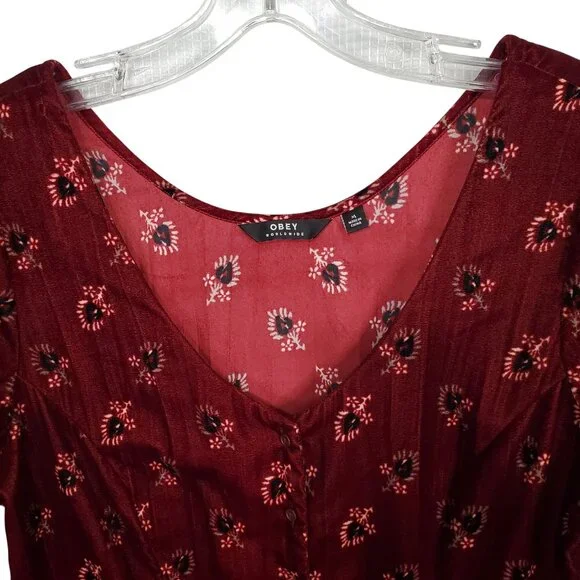 Obey Size M Dress Rouge Mini Floral Crinkle Velvet Button Front Ox Blood Red - Picture 6 of 12